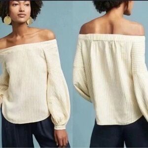 Maeve Cream Off-the-Shoulder Ribbed Balloon-Sleeve Sweater